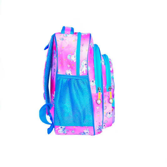 Pink unicorn kids school backpack – side view
