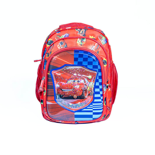 Red racing car kids school backpack – front view