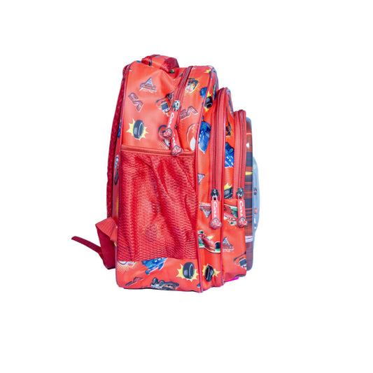 Red racing car kids school backpack – side view
